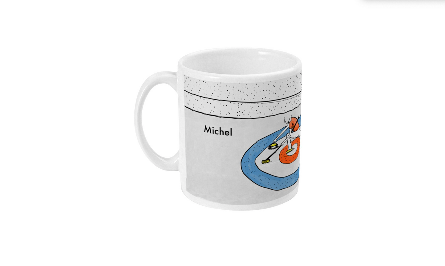 a white coffee mug with a cartoon character on it