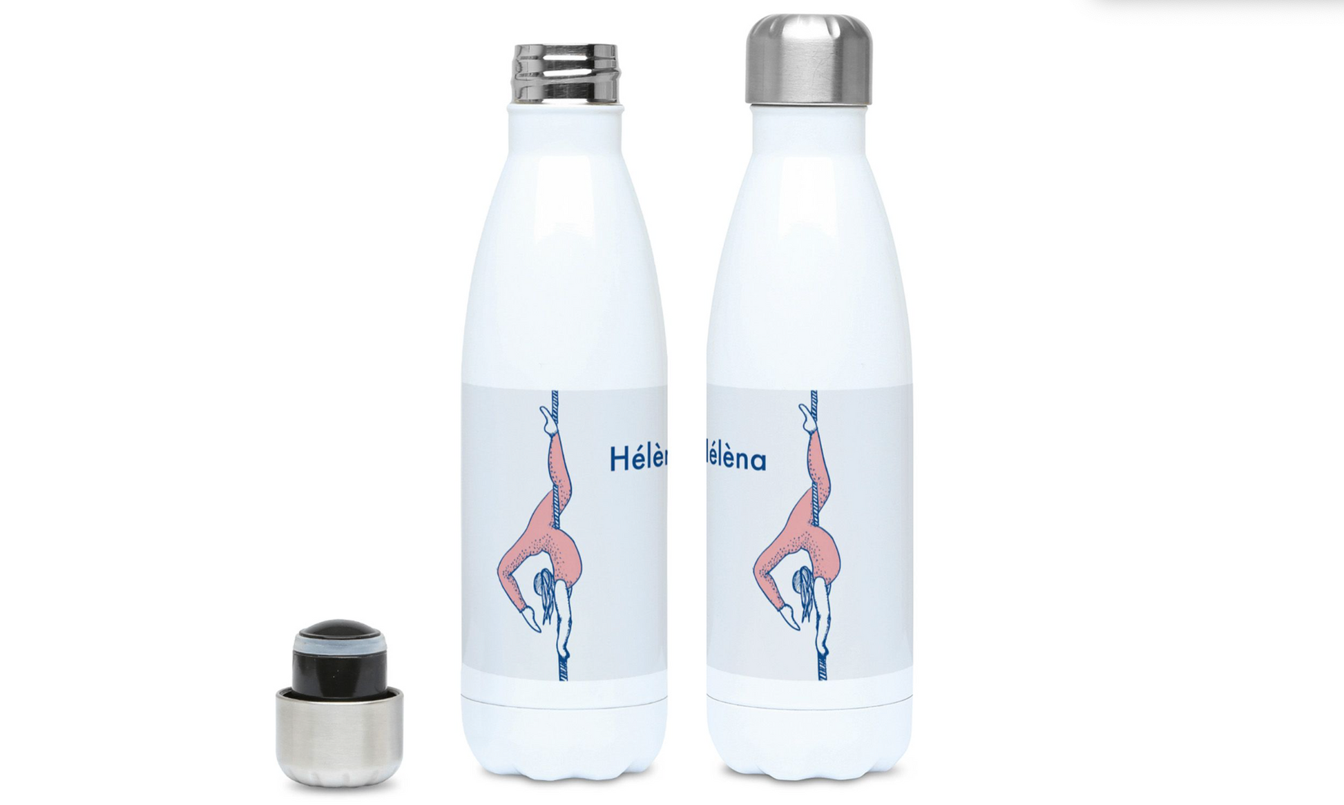 a pair of water bottles sitting next to each other