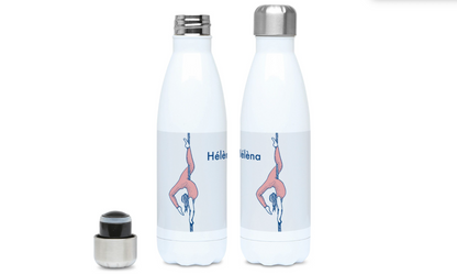 a pair of water bottles sitting next to each other