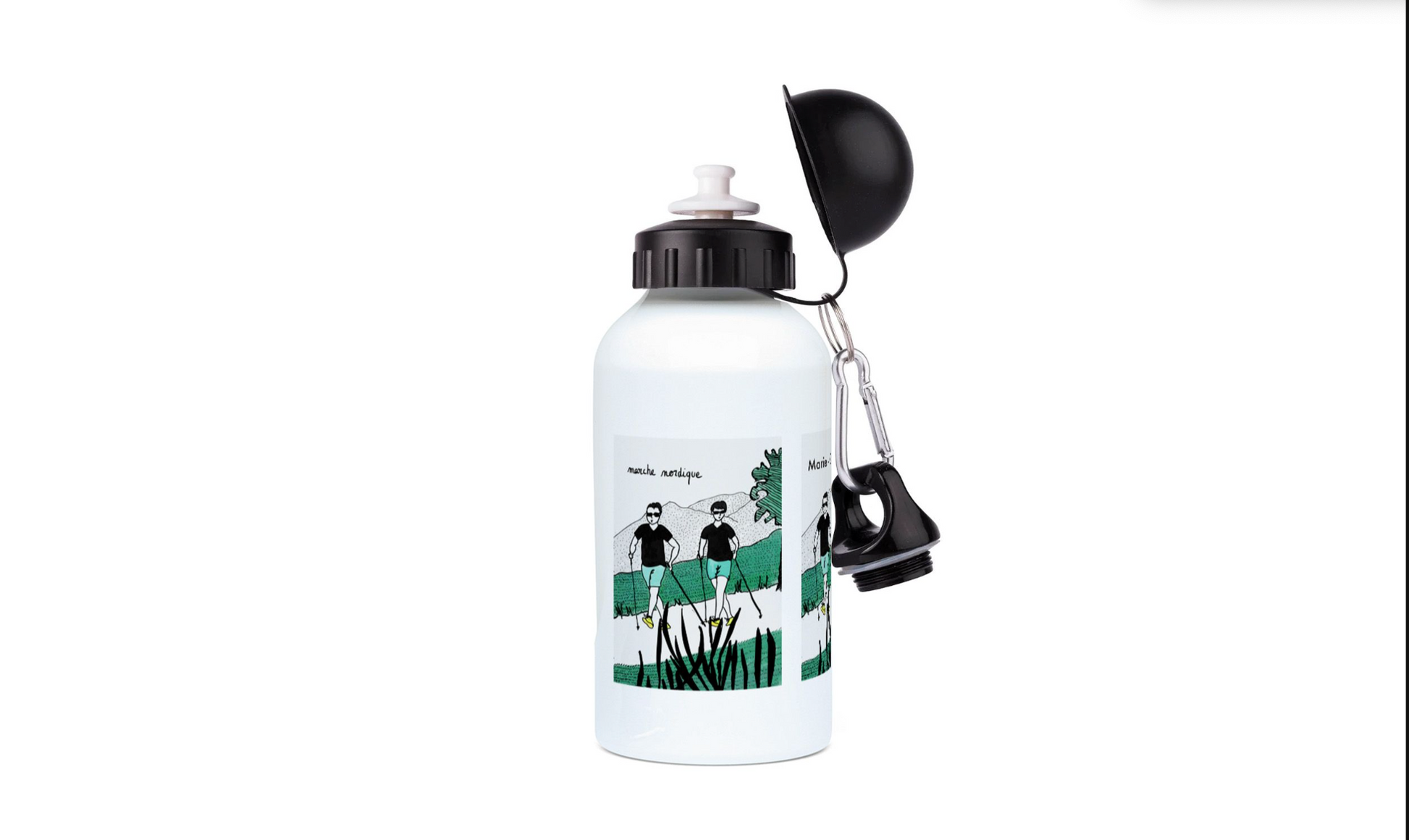 a water bottle with a clip attached to it