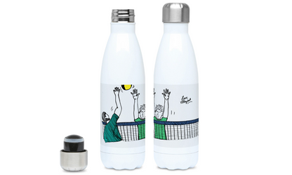 a couple of water bottles sitting next to each other