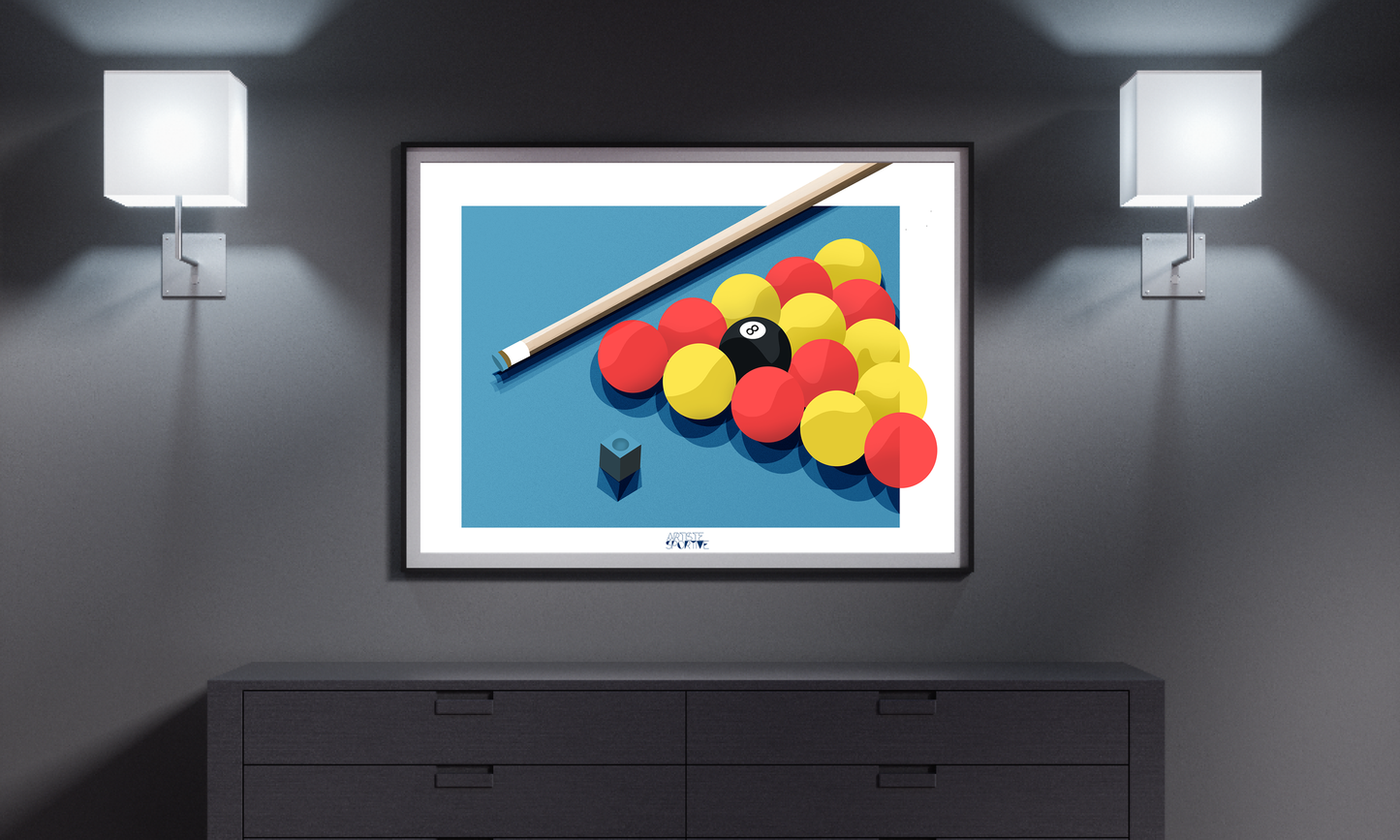 a picture of a pool table with balls and a cue