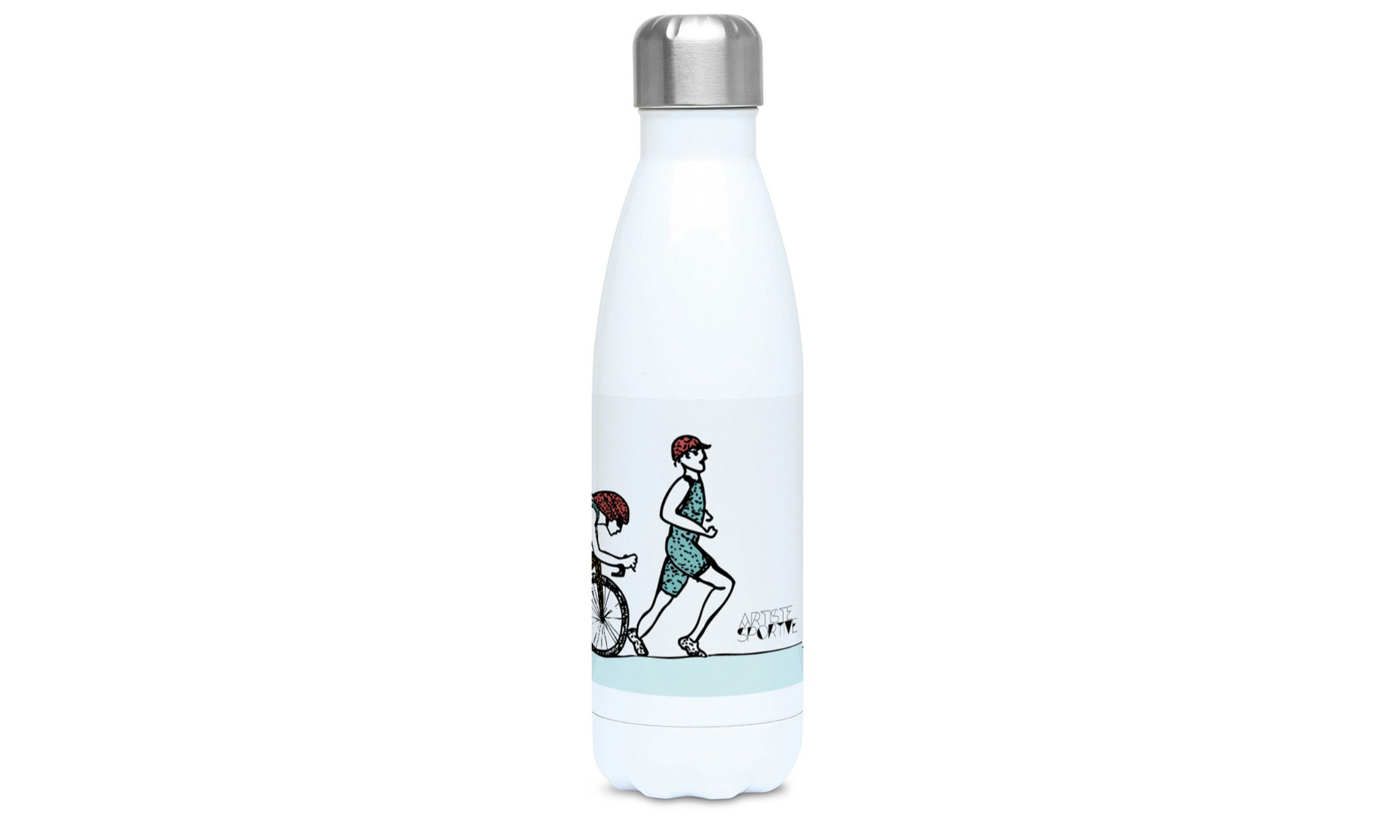 a water bottle with a picture of a man riding a bike