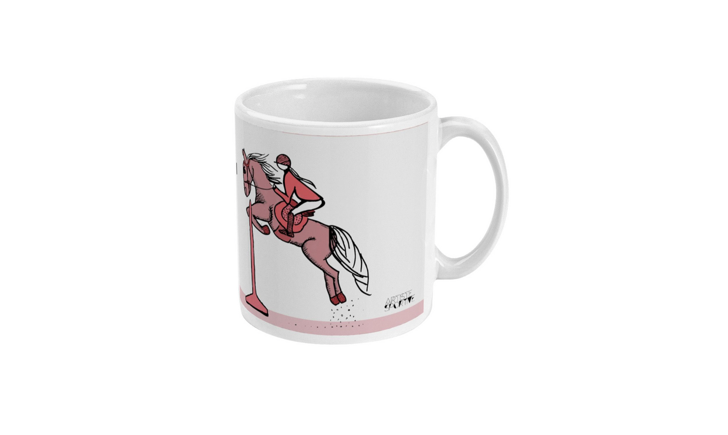 a white coffee mug with a horse and rider on it