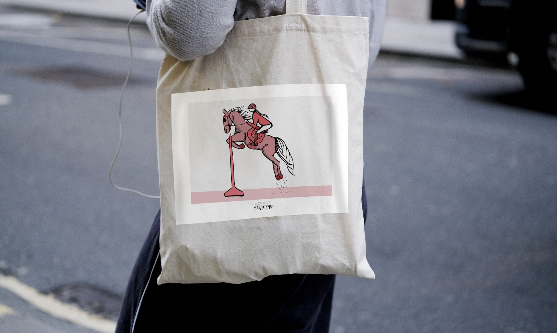 a person carrying a bag with a picture of a horse on it