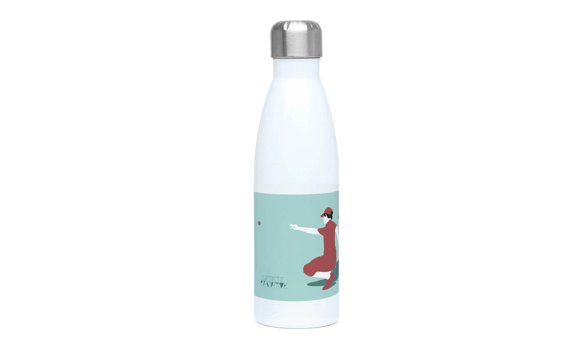 a water bottle with a picture of a person doing yoga