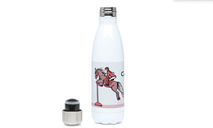 a water bottle with a picture of a horse and rider on it