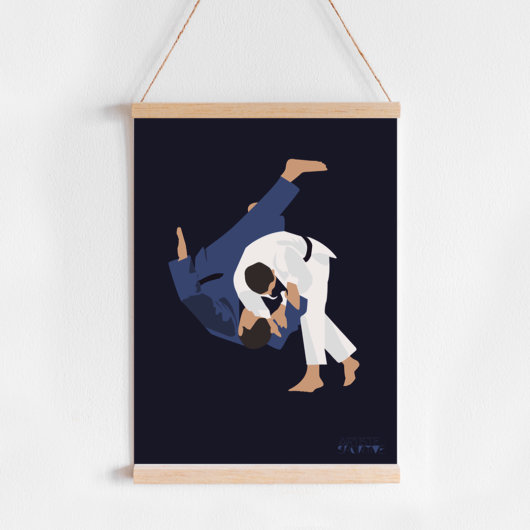 a poster hanging on a wall with a man doing a handstand