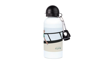 a white and black water bottle with a black cap