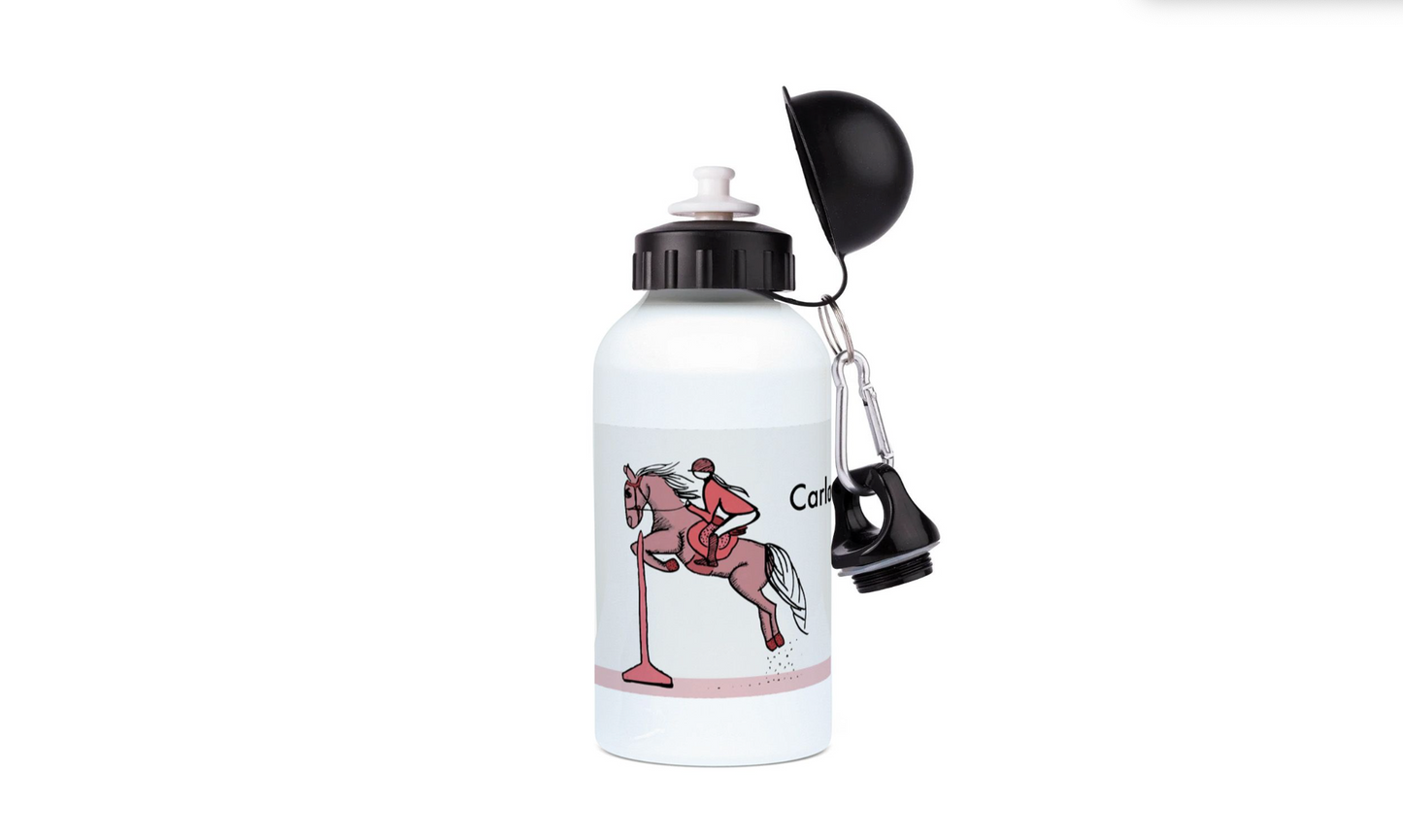 a water bottle with a horse and rider on it