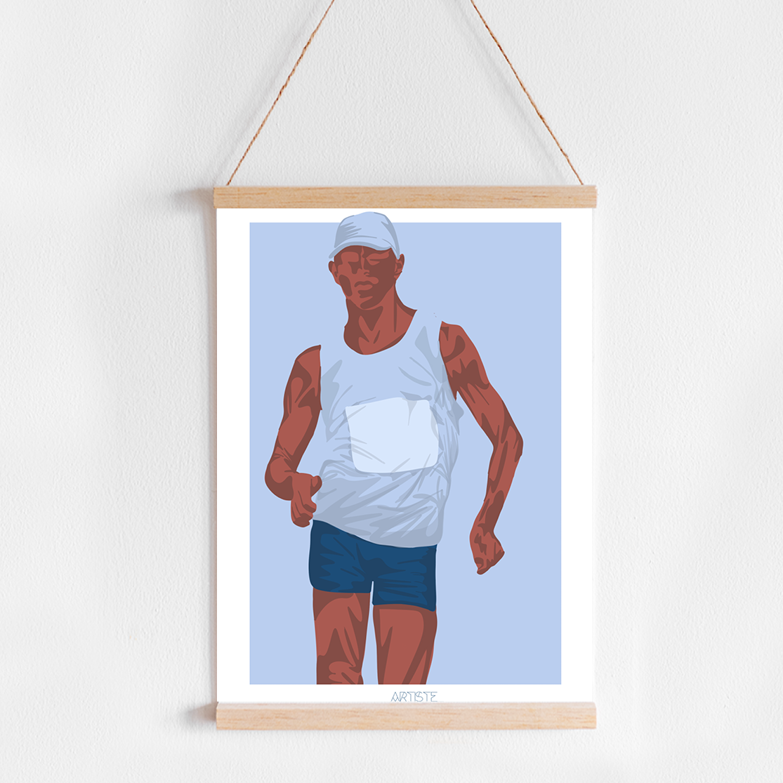 a picture of a man in a white shirt hanging on a wall