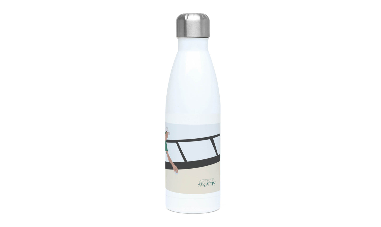 a white water bottle with a picture of a window on it