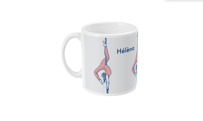 a white coffee mug with a picture of a person doing a handstand
