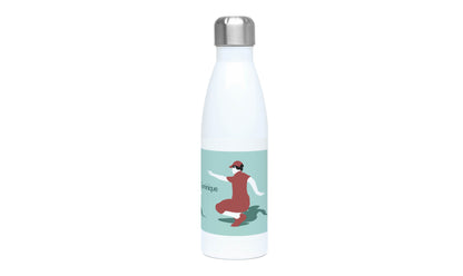 a water bottle with a picture of a woman in a red dress