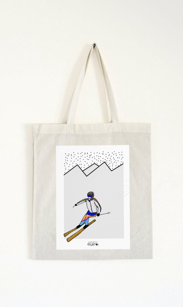 Tote bag ski "skieur ou skieuse dans la montagne"