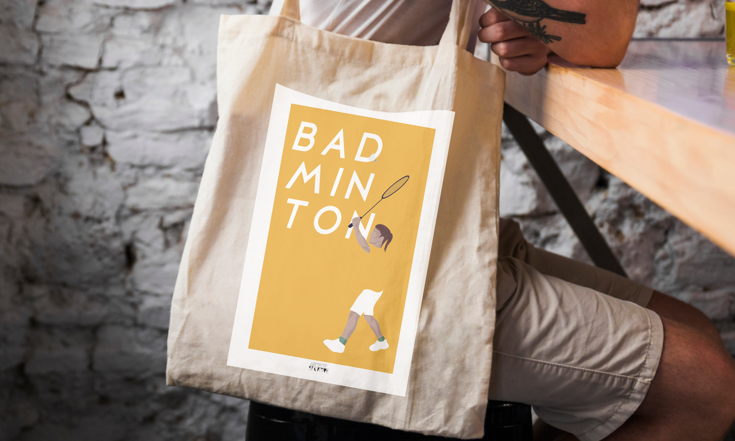 tote bag badminton, sac fille badminton, sac jaune, coton, imprimé à Tours, cadeau badminton, anniversaire, noel