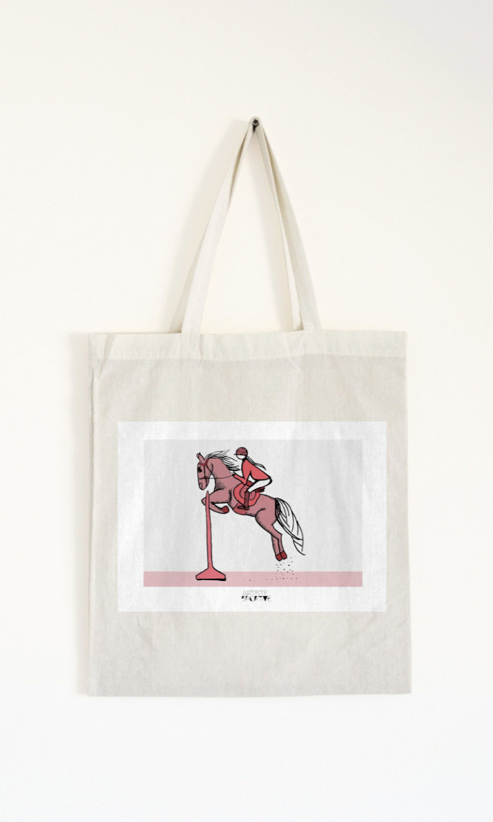 a tote bag with a picture of a jockey on a horse