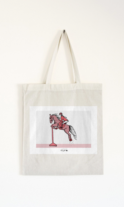 a tote bag with a picture of a jockey on a horse