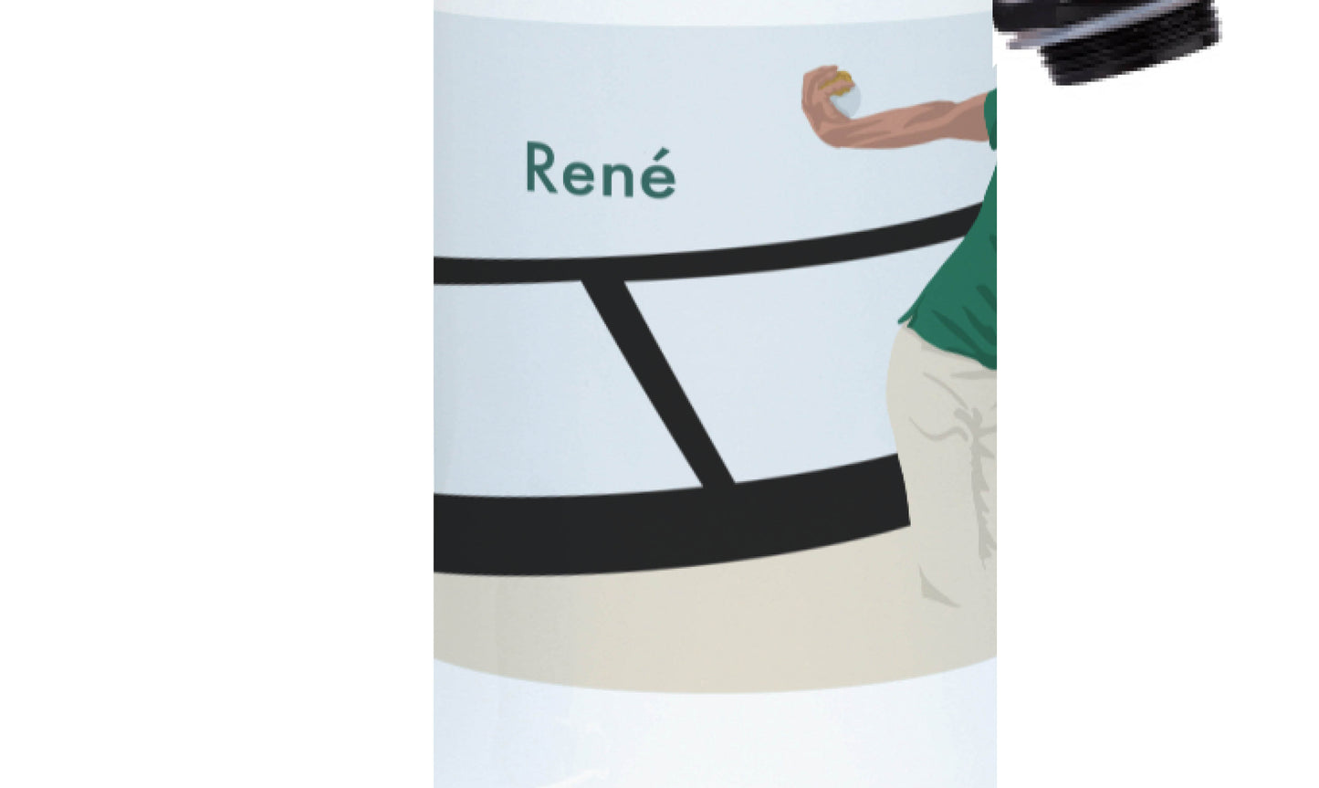 a water bottle with a picture of a man holding a tennis racquet