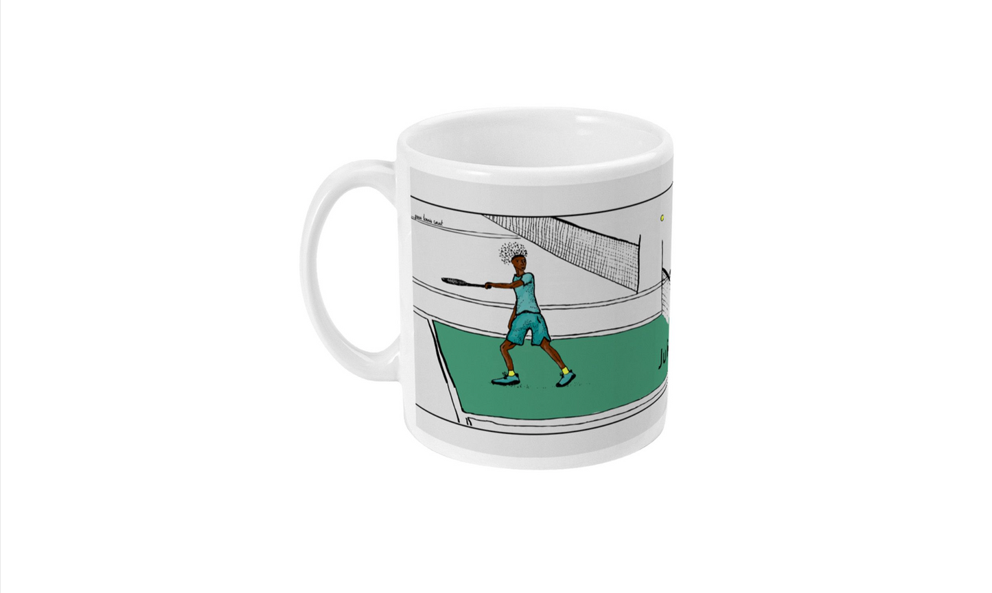 a white coffee mug with a tennis player on it