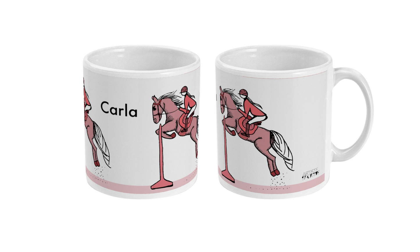 two coffee mugs with a horse and rider on them