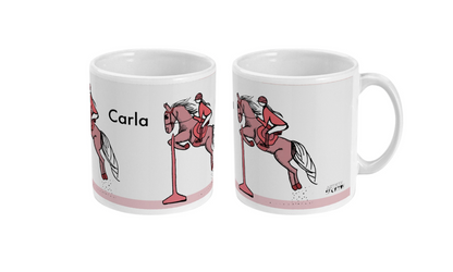 two coffee mugs with a horse and rider on them