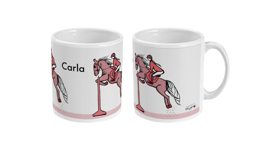 two coffee mugs with a horse and rider on them