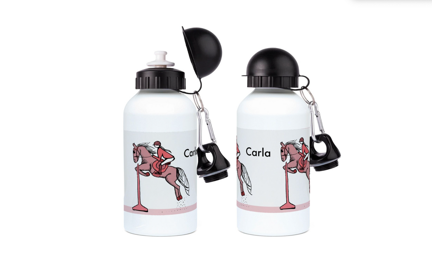 two water bottles with a horse and rider on them
