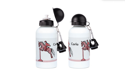 two water bottles with a horse and rider on them