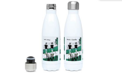 a couple of water bottles sitting next to each other