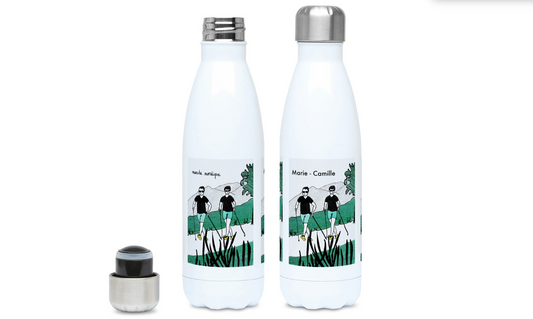 a couple of water bottles sitting next to each other