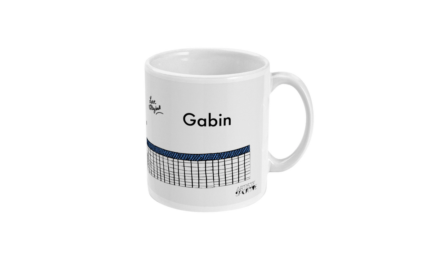 a white coffee mug with the word gobin on it