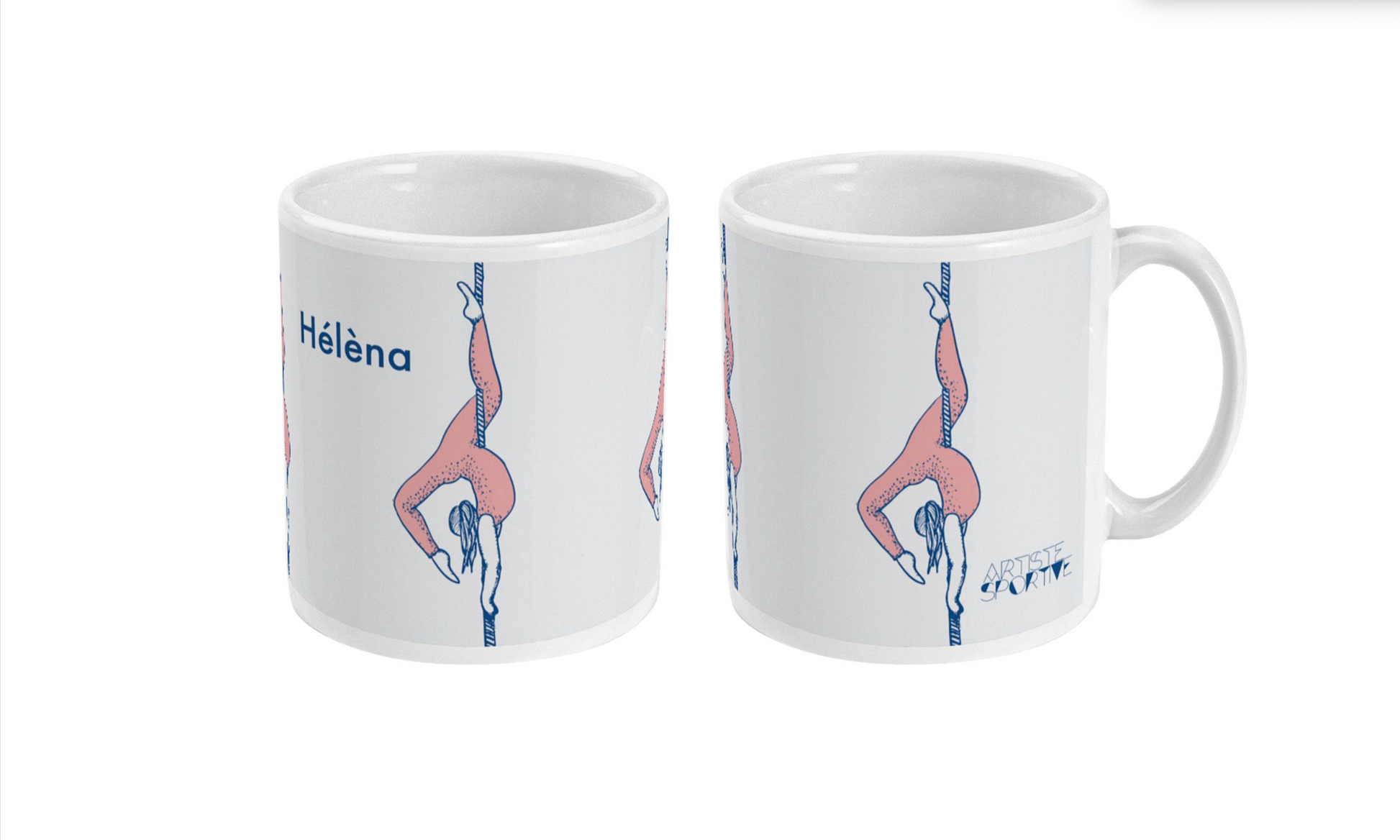 two coffee mugs with a picture of a person doing a handstand