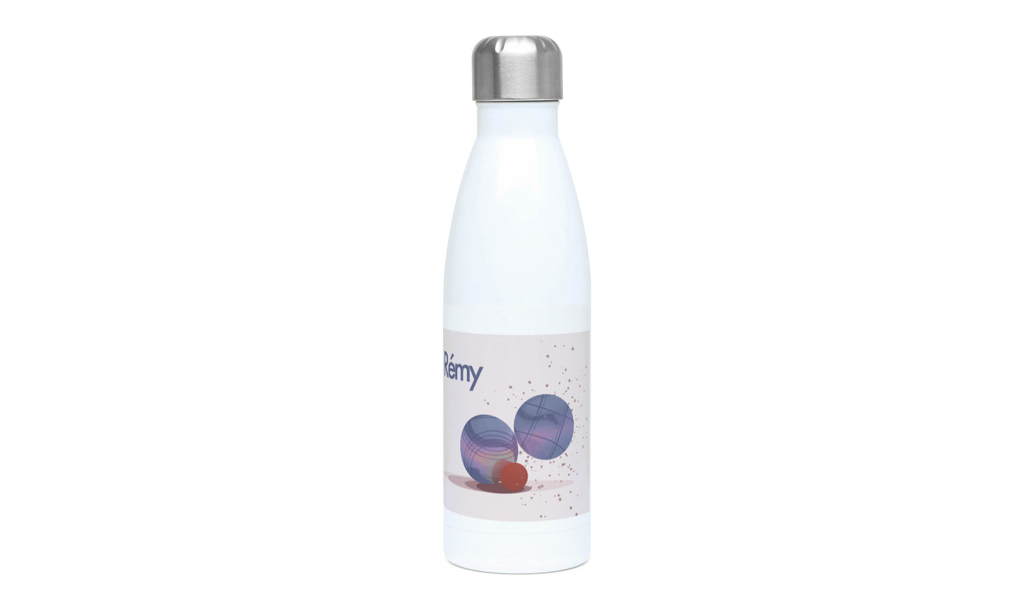 a white bottle with a blue and red design on it