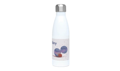 a white bottle with a blue and red design on it