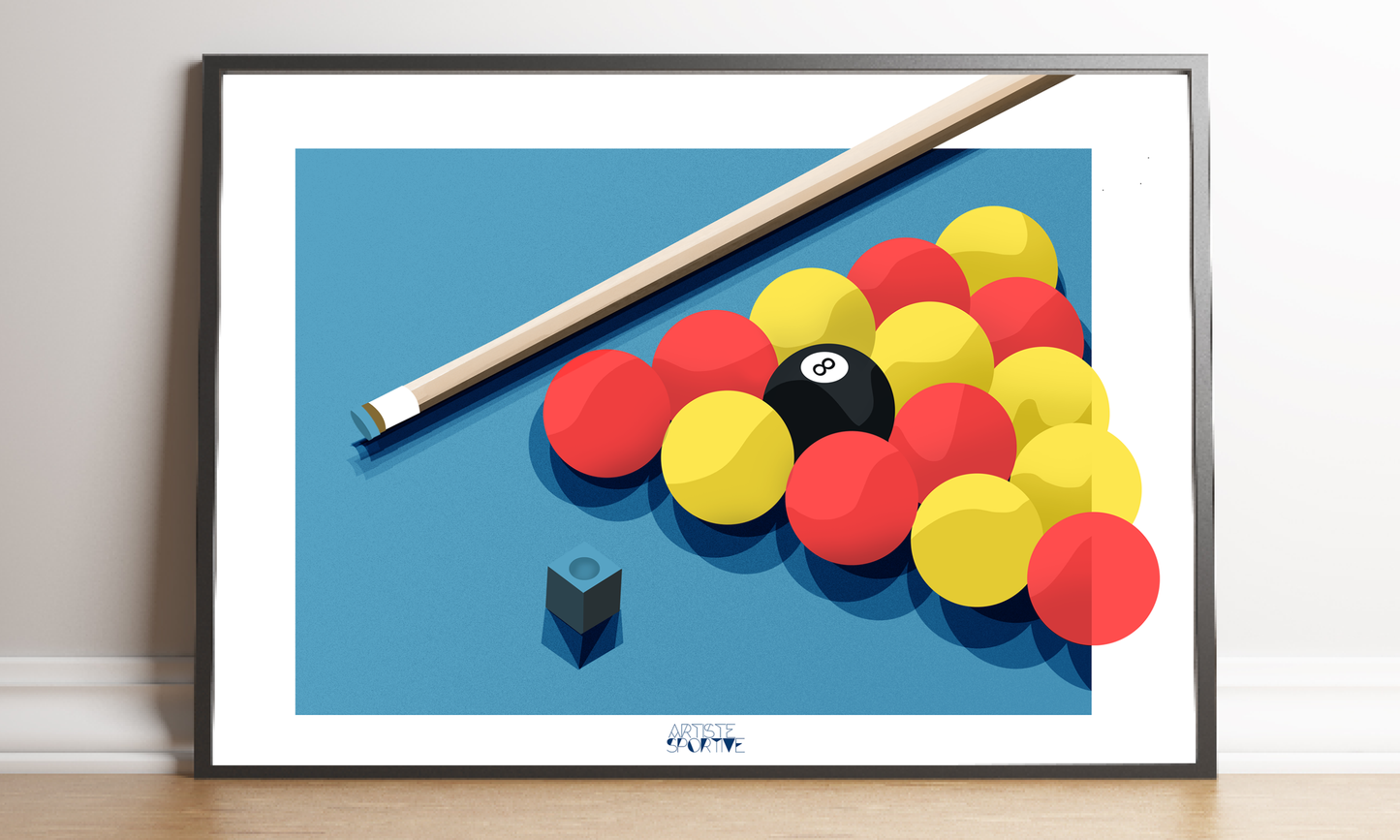 a picture of a pool table with balls and a cue