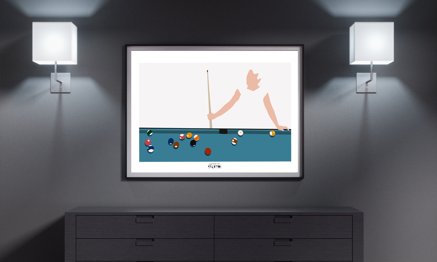 a framed picture of a woman playing pool