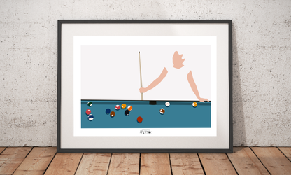 a framed picture of a man playing pool