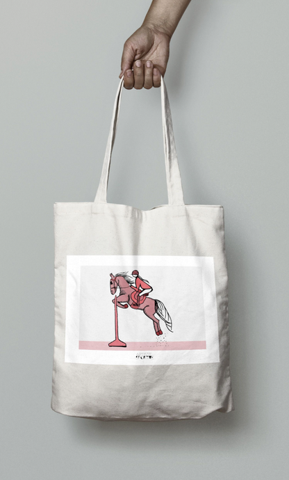 a person holding a bag with a picture of a horse on it