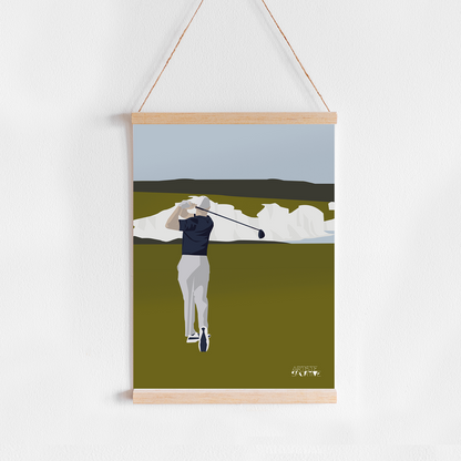 a picture of a woman playing golf hanging on a wall