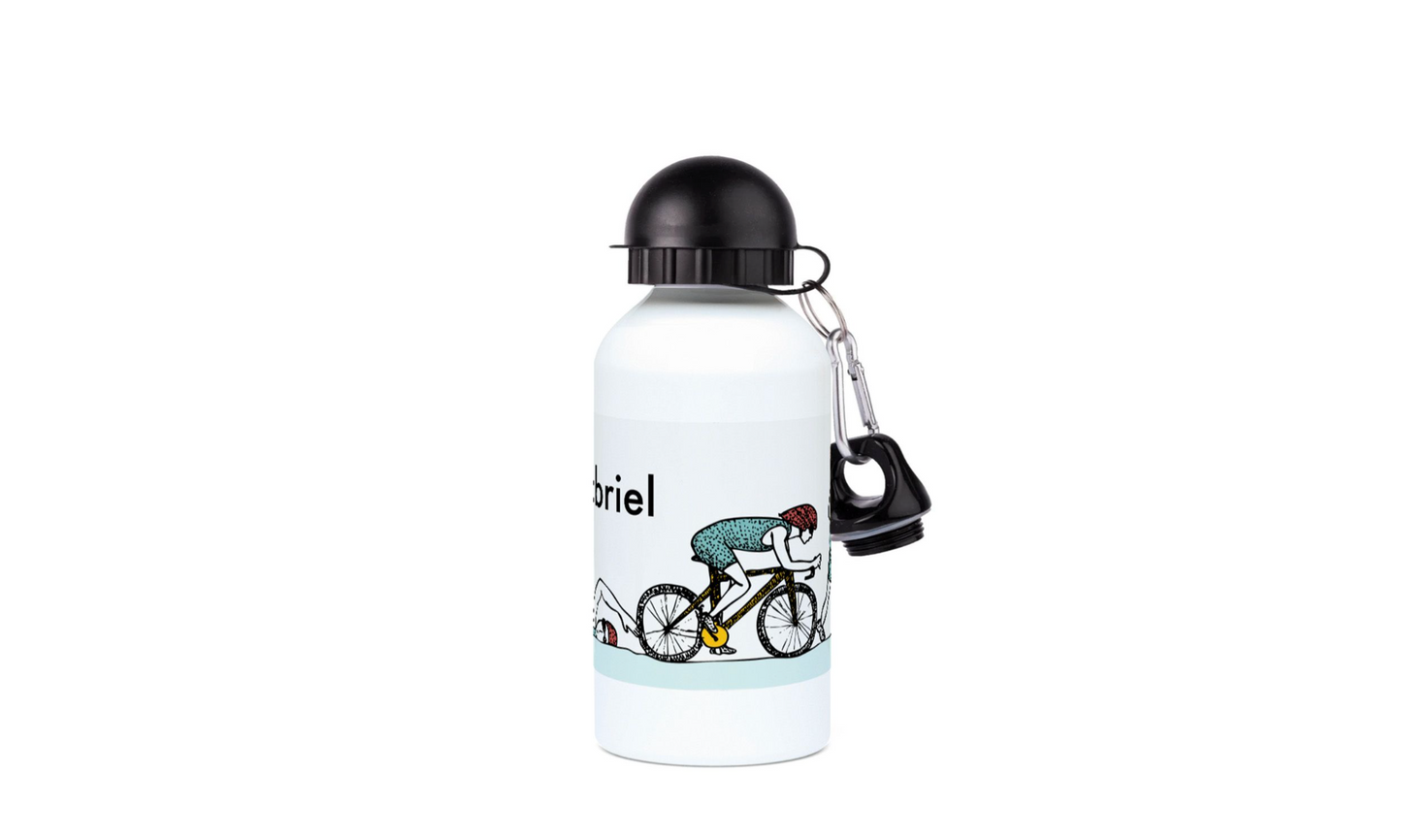 a water bottle with a keychain attached to it