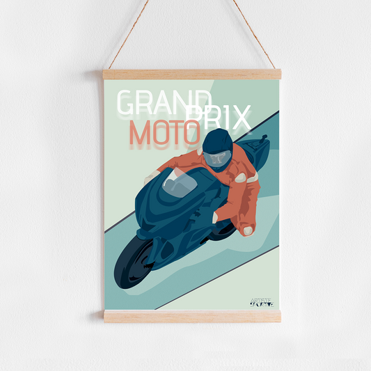 a poster hanging on a wall of a motorcyclist