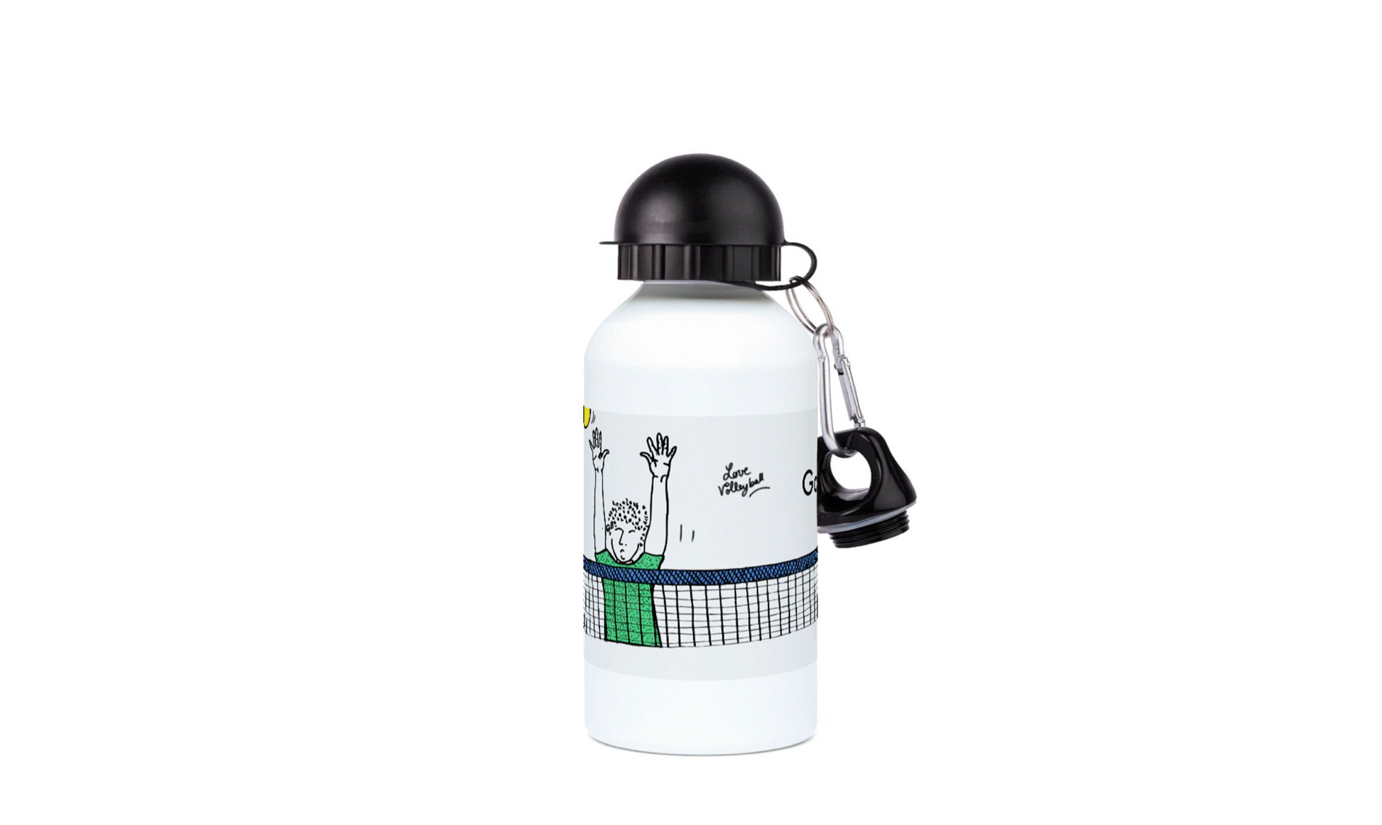 a white water bottle with a black cap