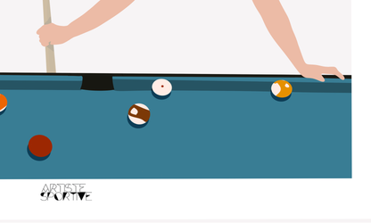 a pool table with balls and a person holding a cue