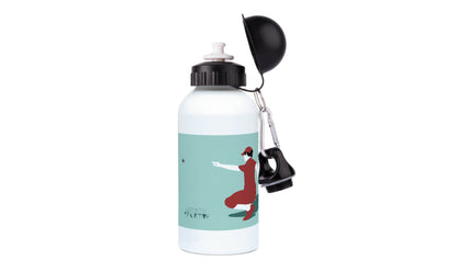 a white water bottle with a black handle