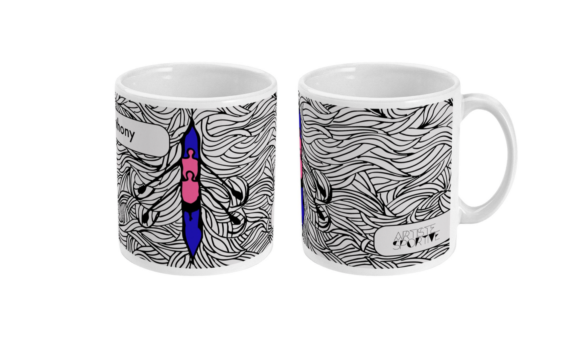 two coffee mugs with designs on them