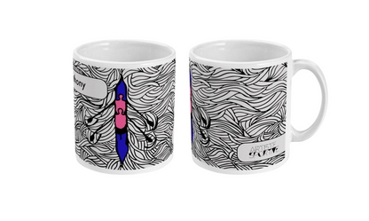 two coffee mugs with designs on them