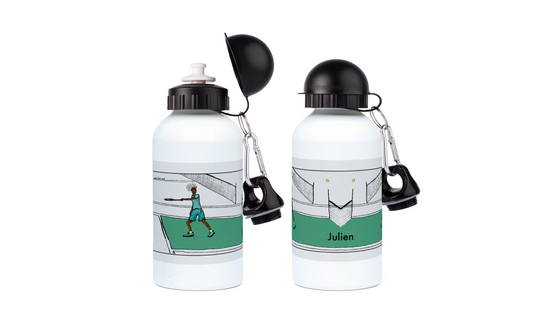 a couple of water bottles sitting next to each other