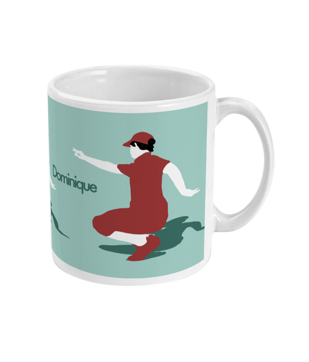 a coffee mug with a woman in a red dress