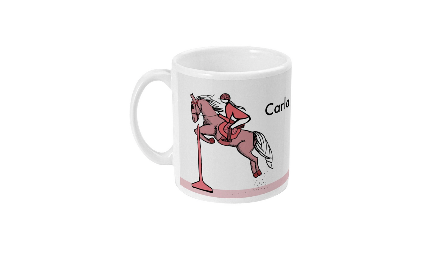 a white coffee mug with a horse and rider on it